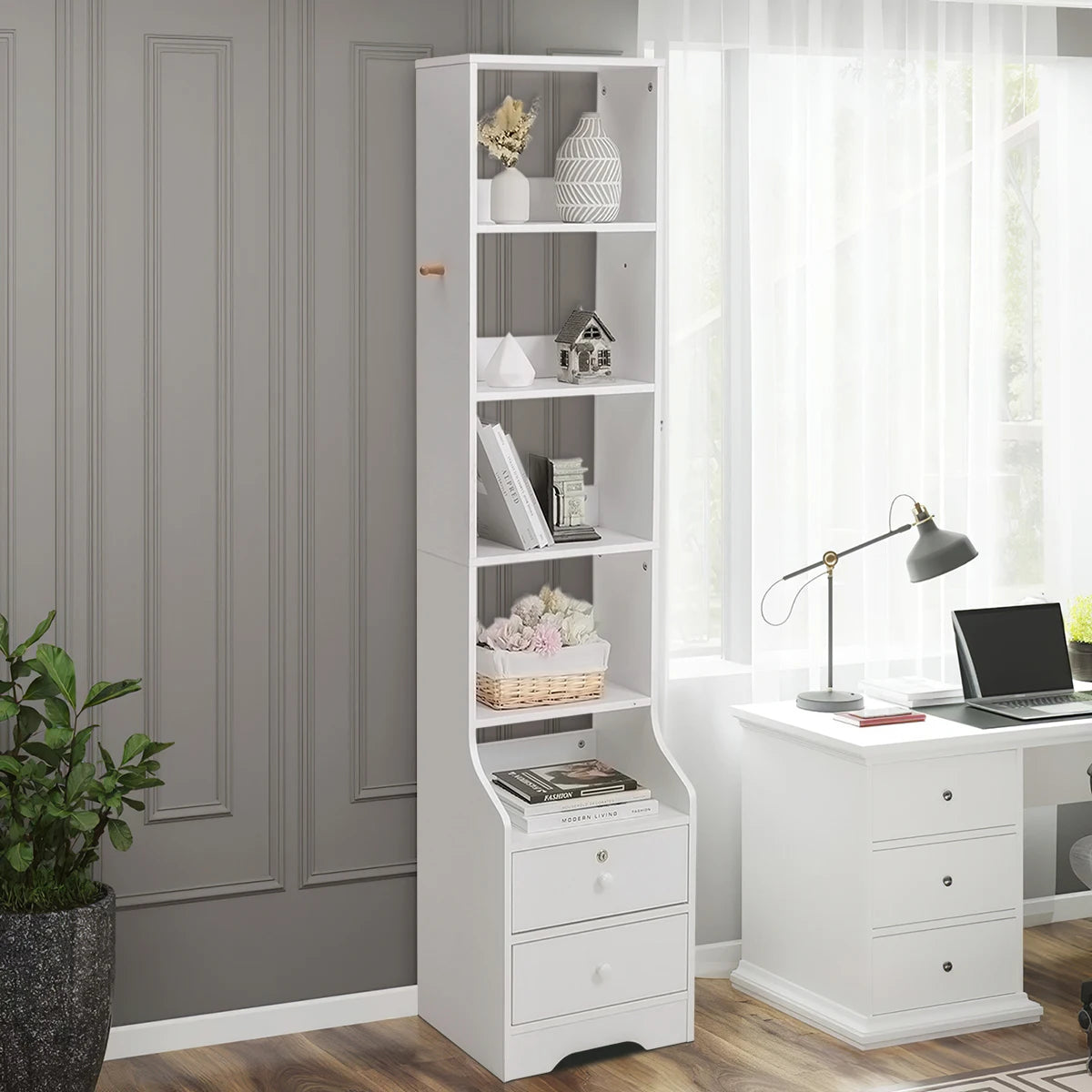Haodirect 5-Tier White Corner Bookshelf